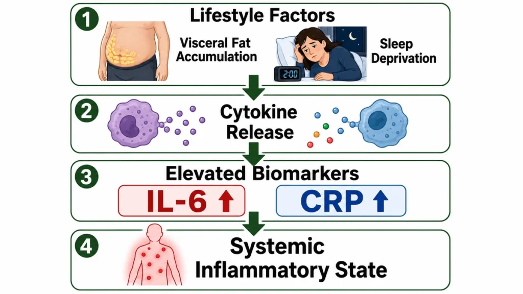 Vertical process flowchart mapping how visceral fat accumulation and sleep deprivation trigger cytokine release, elevating IL-6 and CRP biomarkers to cause a systemic inflammatory state.
