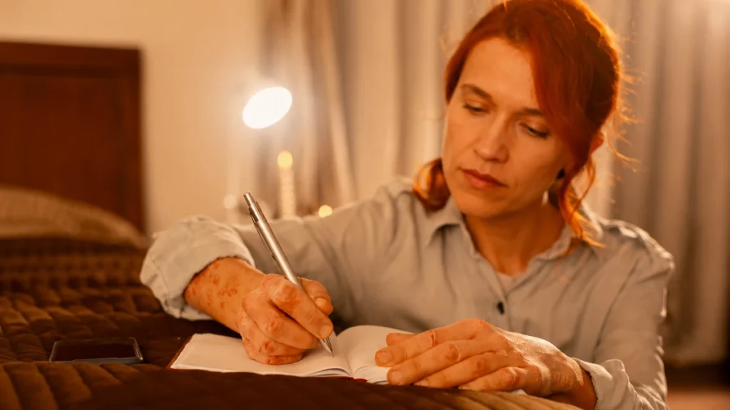 Focused woman sitting on a bed in warm lamp light, writing in a notebook next to her smartphone.
