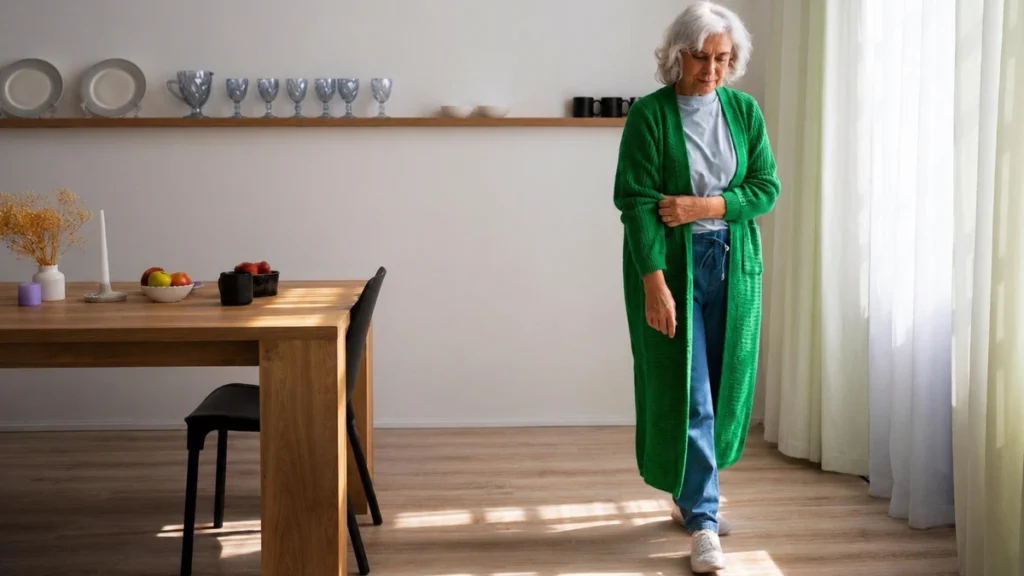 Mature woman in a green cardigan holding her arm and moving slowly past a dining table during a stiff morning routine.