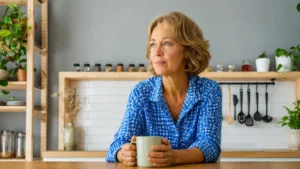 Mature woman holding a ceramic mug in a morning kitchen to soothe unexplained anxiety after 50.