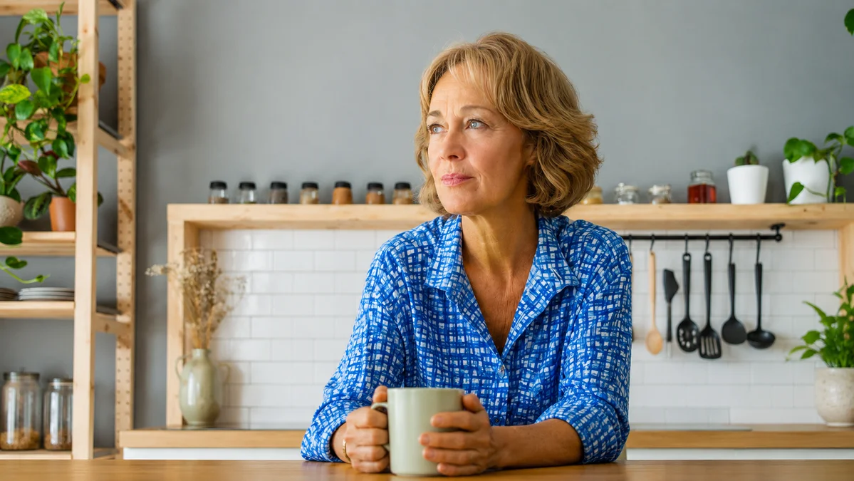 Mature woman holding a ceramic mug in a morning kitchen to soothe unexplained anxiety after 50.