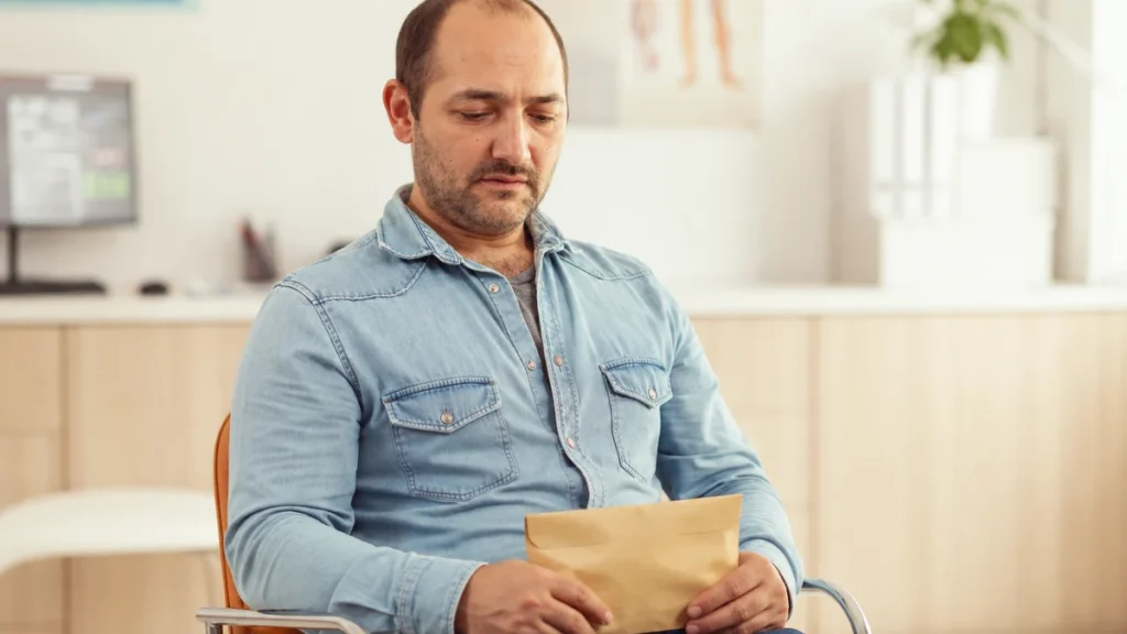 Man holding a manila envelope in a modern clinic office, looking down to process symptoms of anxiety after 50.