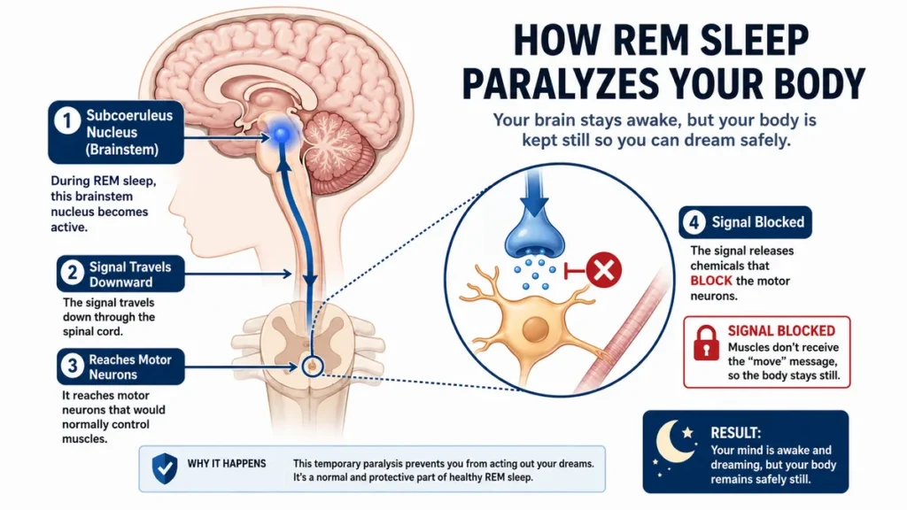 Diagram of brainstem motor pathways demonstrating how chemical signals cause temporary muscle paralysis during sleep, with thick blue directional arrows and an inset magnification of a blocked neuron synapse.