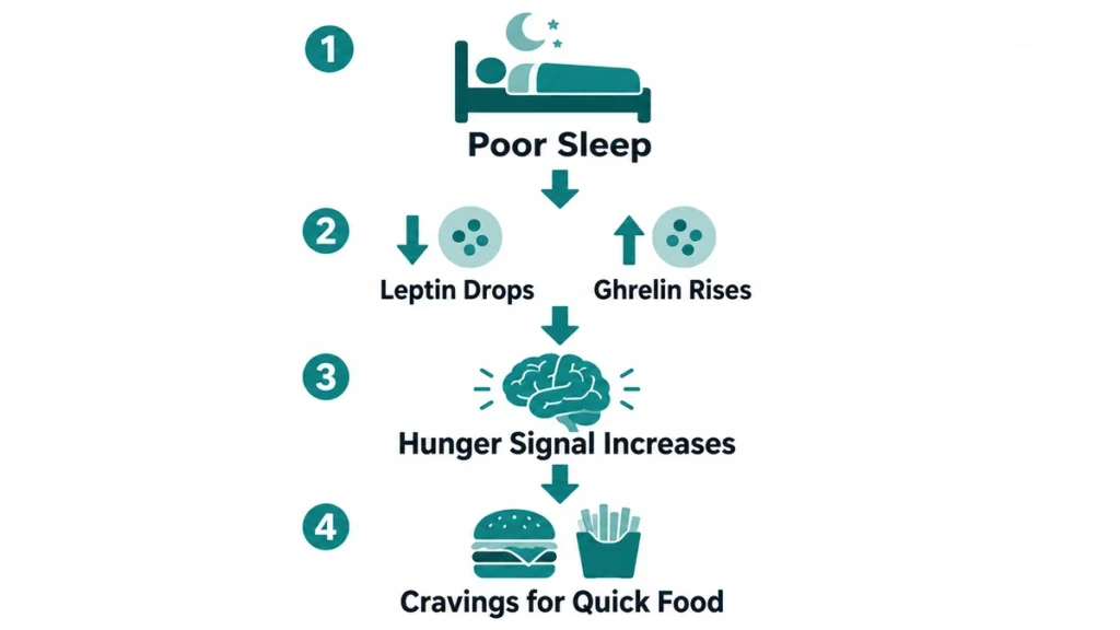 Vertical process diagram of sleep-related hunger hormone shifts demonstrating how poor sleep stimulates high-calorie cravings, with deep teal arrows and simple icons tracking the biochemical pathway.