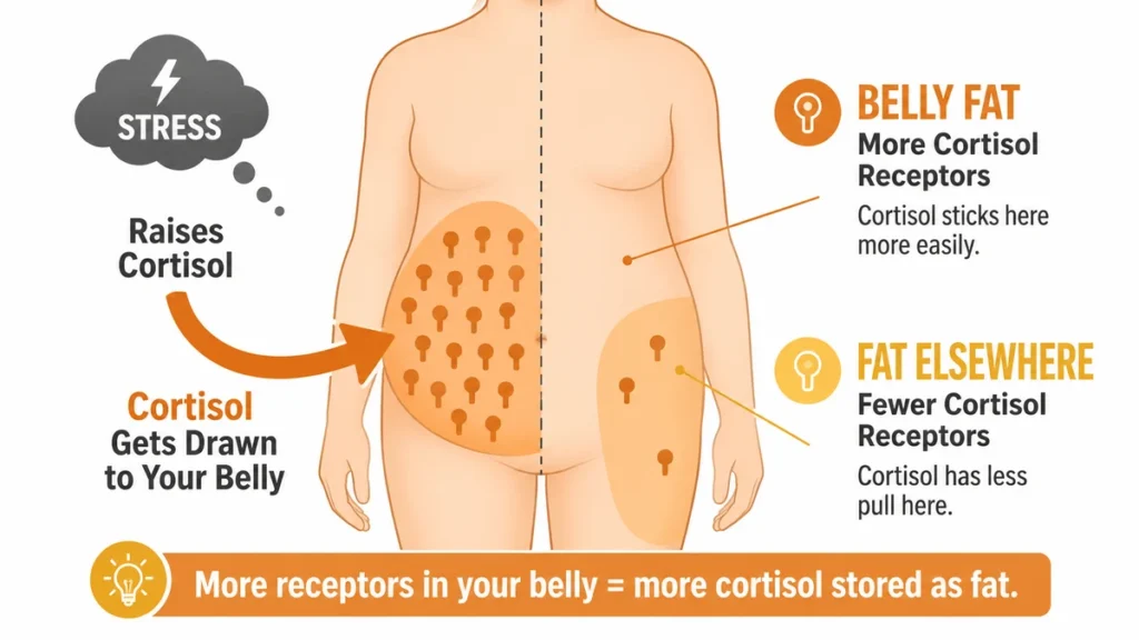 Anatomical diagram of abdominal cortisol receptor density demonstrating how stress signals preferentially direct fat to the stomach, with warm orange indicators highlighting the target receptor zones.