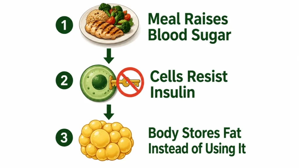 Vertical process diagram of insulin resistance demonstrating how cellular signaling failures direct glucose into fat storage rather than fuel, with numbered steps tracking the metabolic pathway.