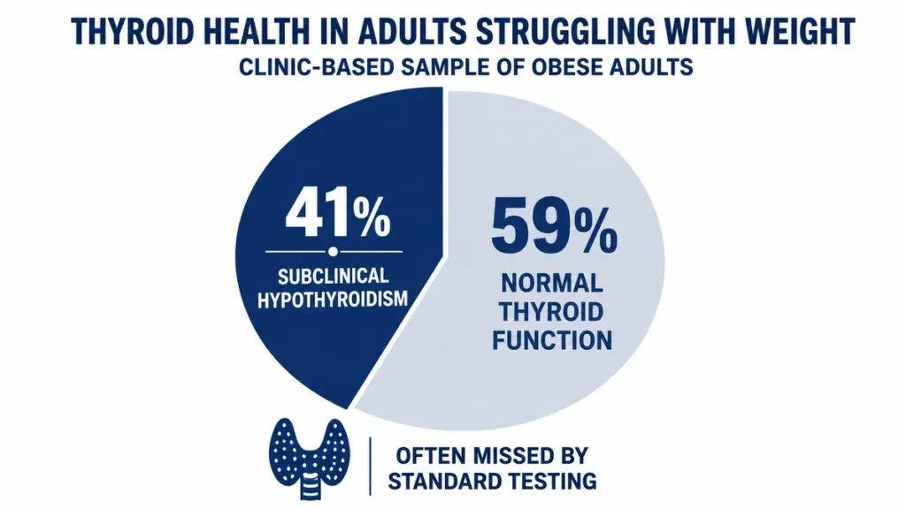 Pie chart of thyroid health statistics demonstrating the high prevalence of subclinical hypothyroidism in adults struggling with weight, with a clear blue and navy distribution breakdown.