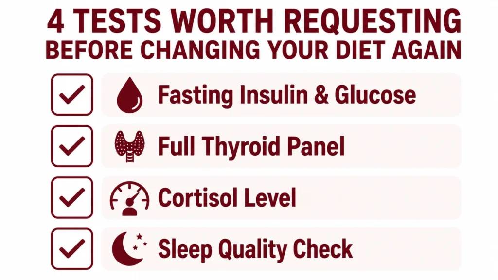 Infographic list of key metabolic panels demonstrating the four tests worth requesting before dieting, with red checkmarks and simple diagnostic icons.