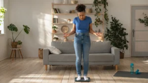 Frustrated mature woman standing on a bathroom scale in her living room, wondering why she cannot lose weight.