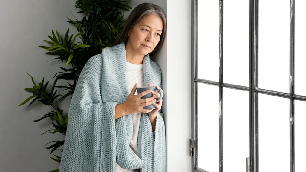 Cold mature woman wrapped in a thick blue blanket holding a steaming mug to soothe thyroid-related temperature sensitivity.