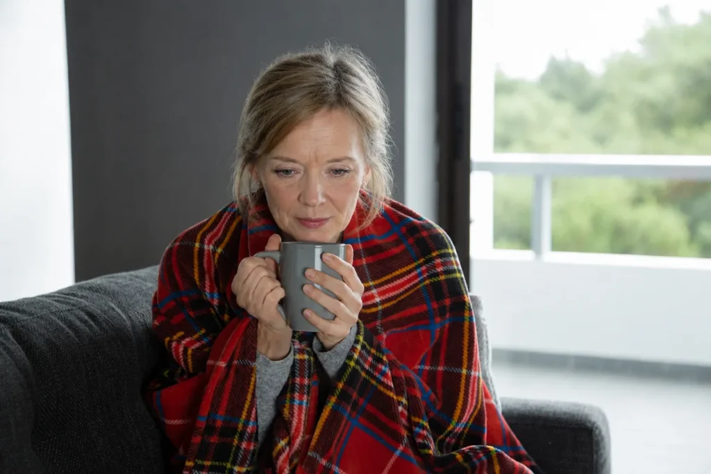 Pensive mature woman wrapped in a red plaid blanket holding a warm mug on a couch to soothe cold sensitivity indoors.