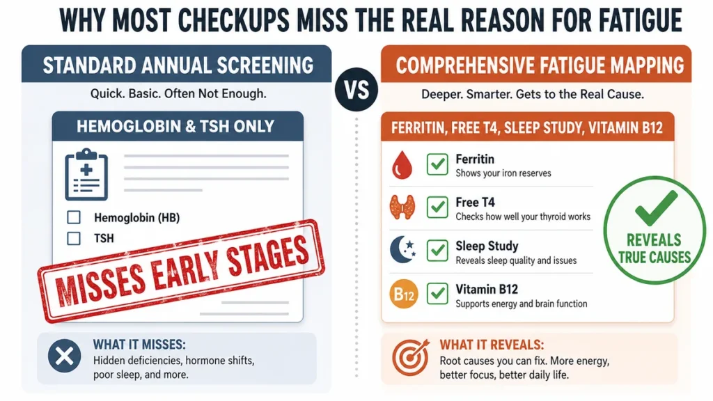 Comparison diagram of standard annual screening versus comprehensive fatigue mapping demonstrating clinical diagnostic gaps, with a red stamp marking missed early stages and a green checkmark stamp indicating root causes.