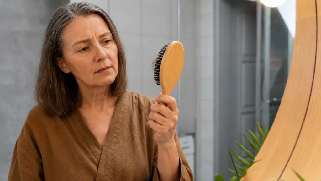 Concerned mature woman examining hair shedding on a wooden brush to identify cellular iron deficiency.