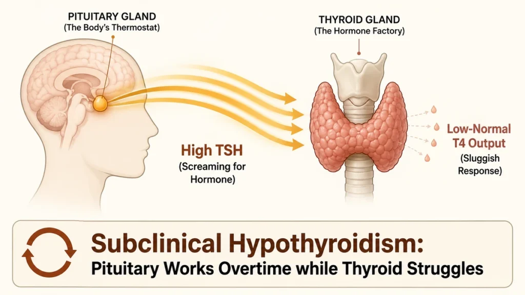 Medical illustration of the hormonal feedback loop in subclinical hypothyroidism demonstrating how high TSH signaling leads to fatigue in women over 55, with thick amber arrows showing the pituitary gland overstimulating a sluggish thyroid.