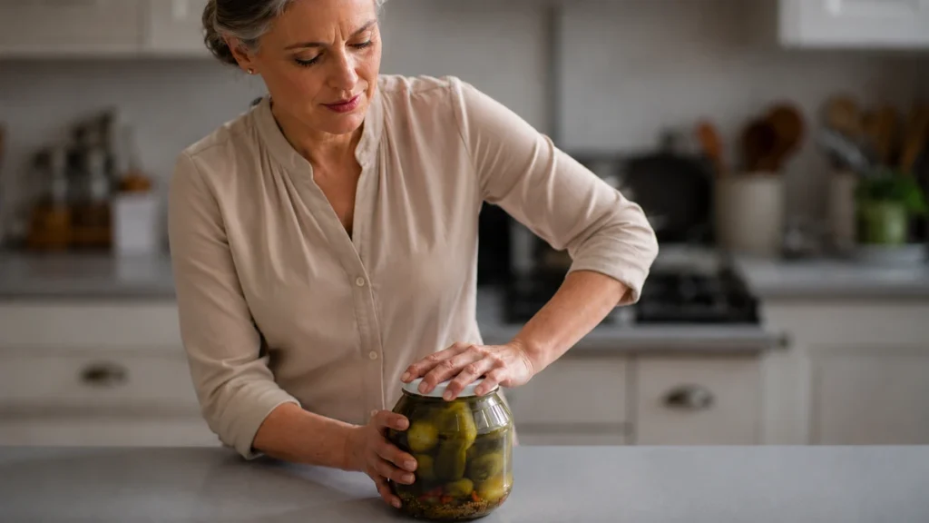 A mature woman focusing with controlled effort to open a glass jar in a bright, modern kitchen.