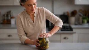 A mature woman focusing with controlled effort to open a glass jar in a bright, modern kitchen.