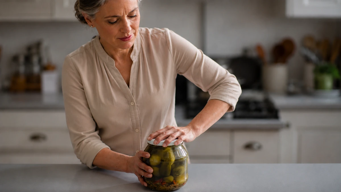 A mature woman focusing with controlled effort to open a glass jar in a bright, modern kitchen.