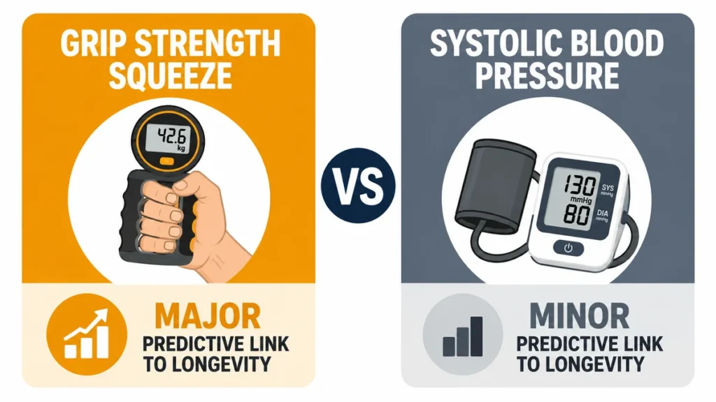 Diagram comparing grip strength squeeze as a major longevity link versus systolic blood pressure as a minor link.