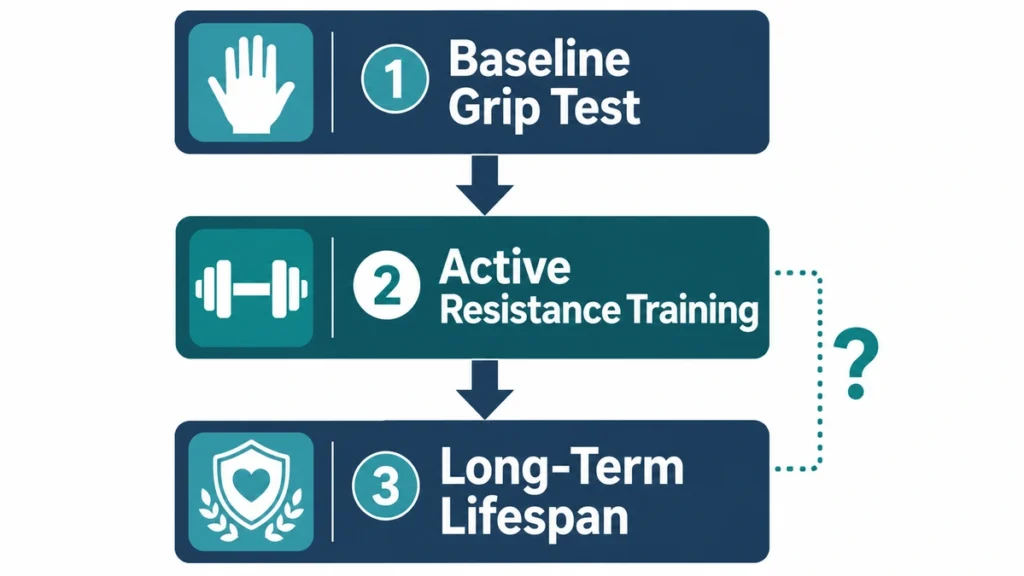 Three-step flow chart showing the research gap between baseline grip testing, active training, and long-term lifespan.