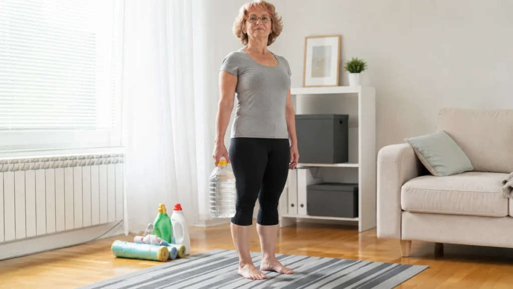 A mature woman standing tall while holding a plastic water jug at her side to test her home-based grip endurance.