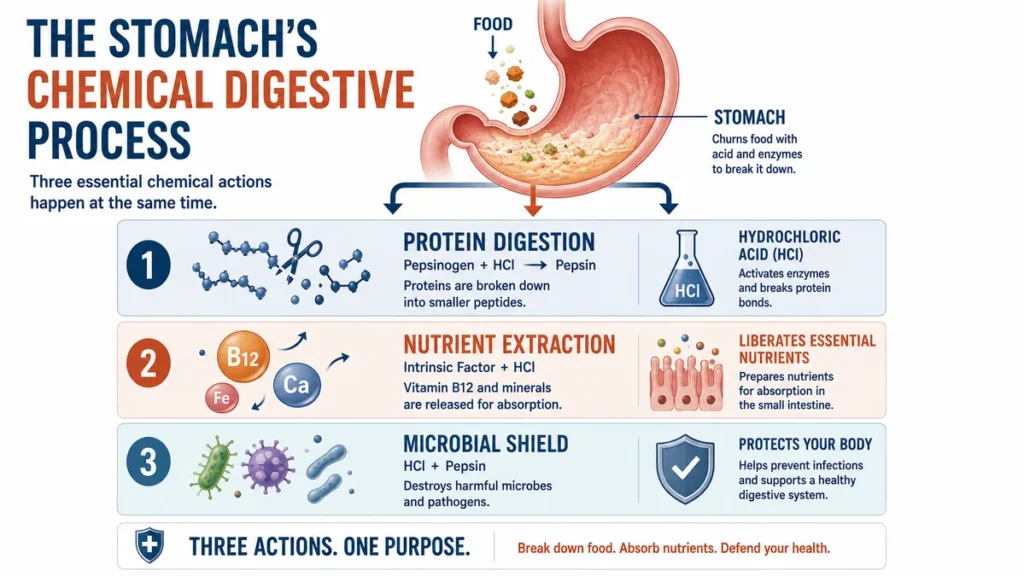 Medical illustration of the stomach's chemical digestive process demonstrating three simultaneous stomach acid functions. A vertical three-step flow highlights protein digestion, nutrient extraction, and microbial defense.