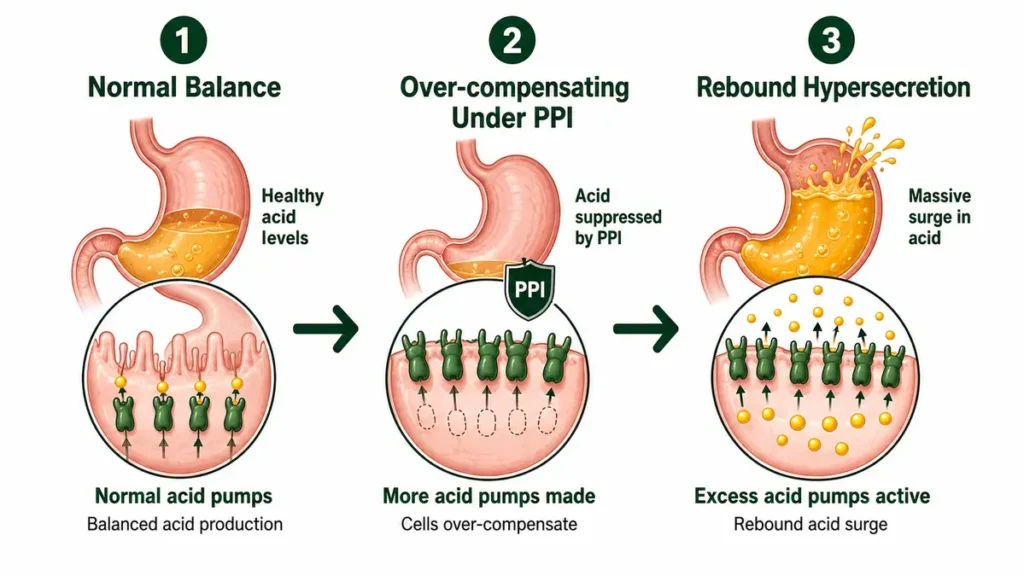 A three-step horizontal process diagram of rebound acid hypersecretion showing normal acid balance, upregulation of acid pumps during PPI suppression, and the massive acid surge upon drug withdrawal.