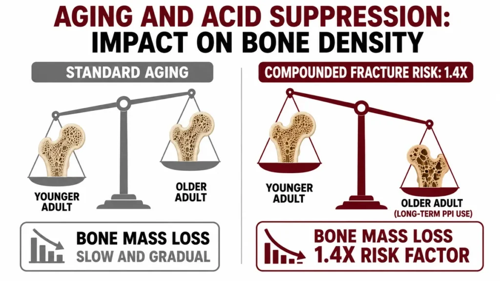 Comparative diagram of bone density loss contrasting typical aging with long-term PPI risks that compound fracture risk.