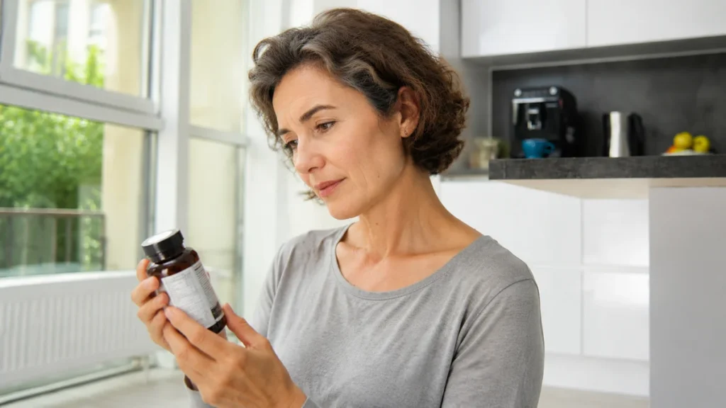 Thoughtful mature woman reading the ingredient label of an amber bottle in her kitchen to assess long-term PPI risks.