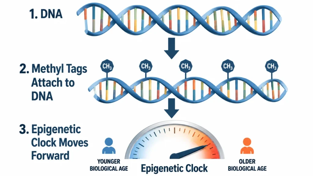 Vertical flow diagram of DNA methylation patterns demonstrating how CH3 methyl tags attach to genes to advance the epigenetic clock from younger to older biological age.