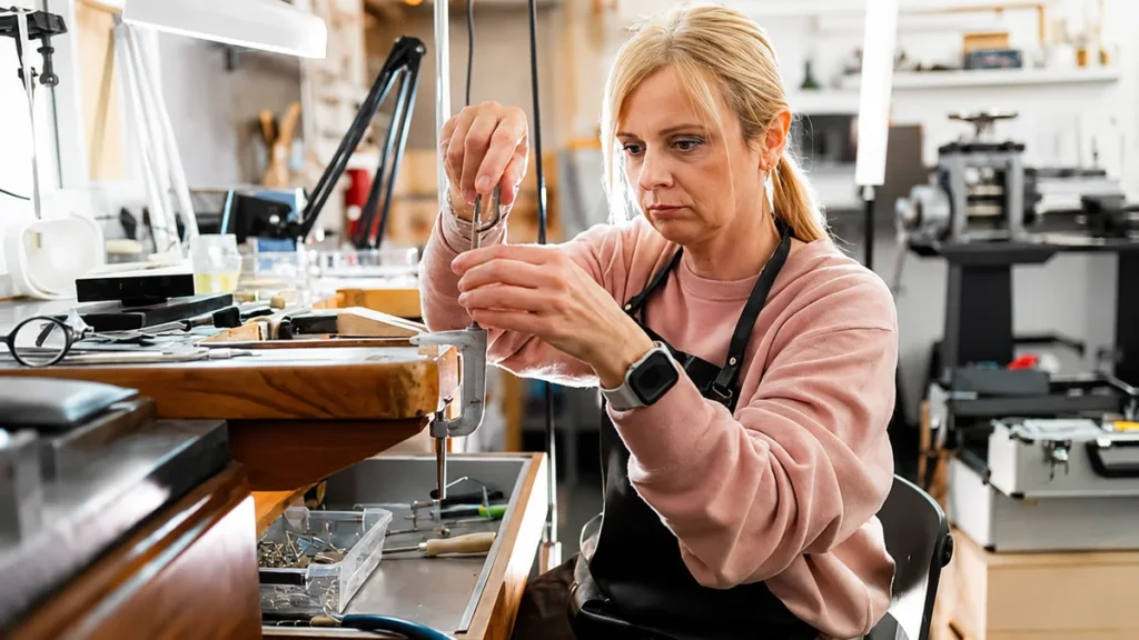 A vibrant woman in her early 60s working with intense focus in a sunlit craft studio, defying traditional age stereotypes.