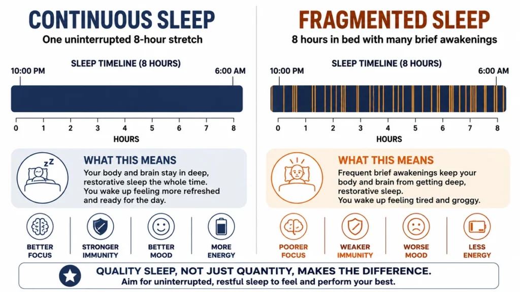 Side-by-side comparison diagram of continuous sleep versus fragmented sleep timelines demonstrating how hidden nightly interruptions reduce morning energy despite logging identical total hours, with distinct metric blocks contrasting their clinical outcomes.