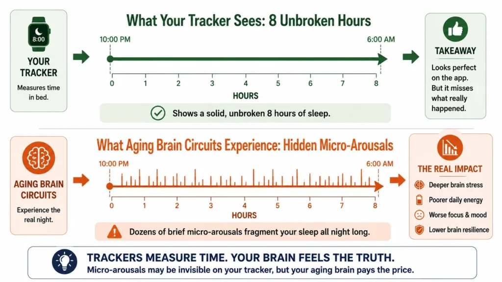 Horizontal dual-layer timeline diagram of sleep tracker data versus aging brain circuit activity demonstrating how standard tracking metrics completely omit nighttime micro-awakenings, with a flat green timeline contrasting against a deeply spiked terracotta process flow.
