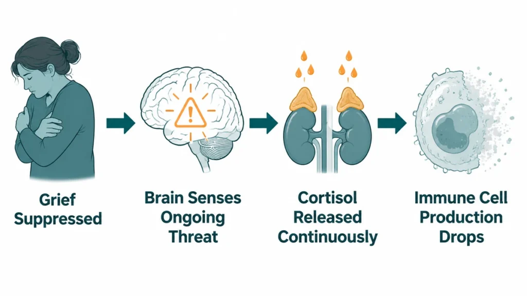 Medical illustration detailing the biological pathway of cortisol and immune suppression triggered by chronically unresolved stress loops.