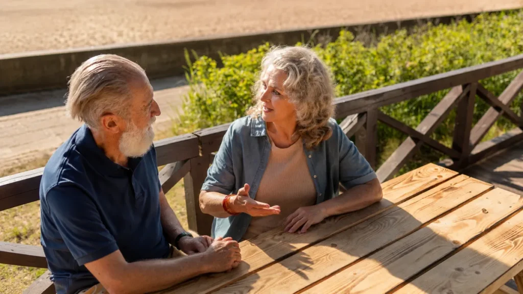 Two older adults on a park bench, one speaking quietly while the other listens, the kind of specific social contact linked to immune recovery after bereavement.