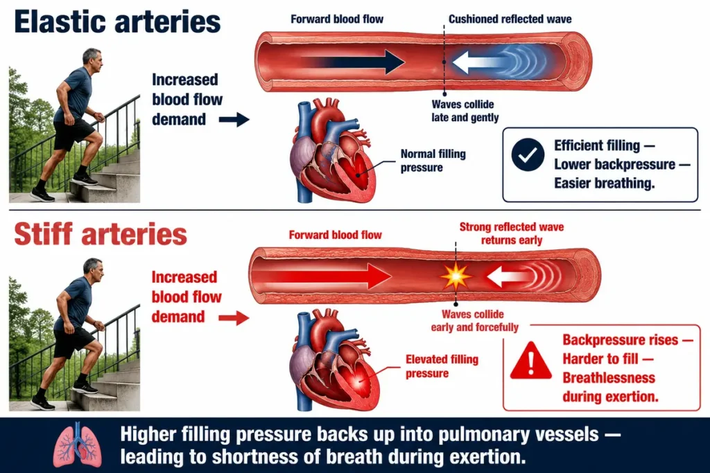 Side-by-side medical diagram contrasting elastic and stiff arteries during stair climbing, demonstrating how early wave collisions elevate left ventricular filling pressure and lead to pulmonary breathlessness.