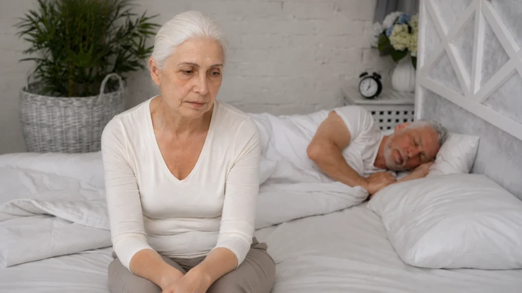 Woman in her late 60s sitting on bed edge in early morning, hands in lap, expression fatigued and unrestored while her partner sleeps behind her.
