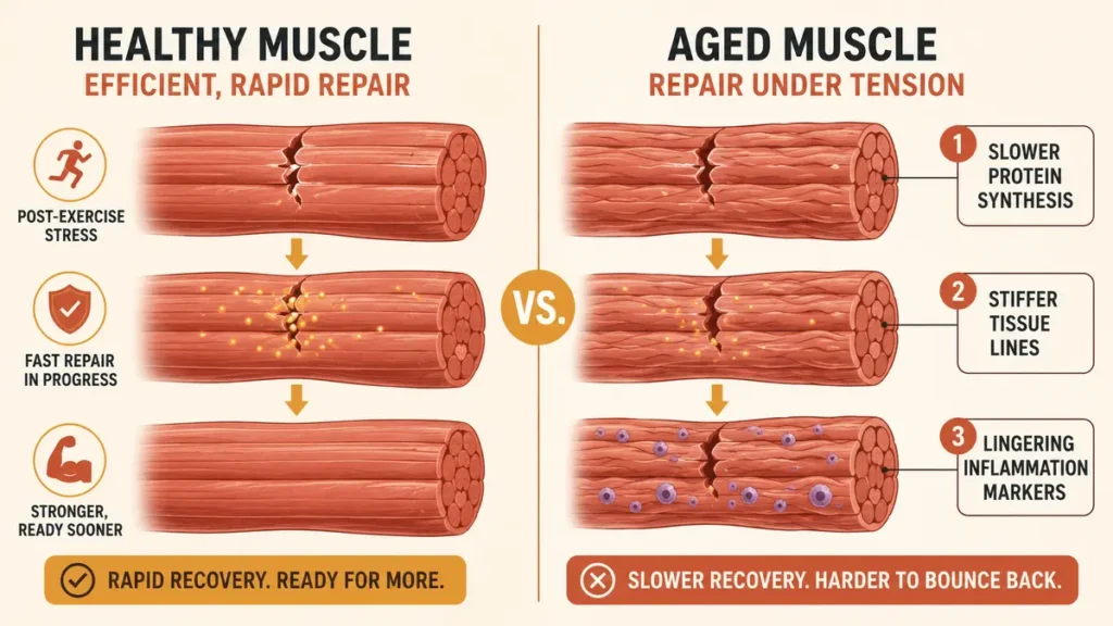 Medical illustration of muscle tissue repair demonstrating why exercise feels more exhausting after 50, with side-by-side healthy and aged muscle diagrams.