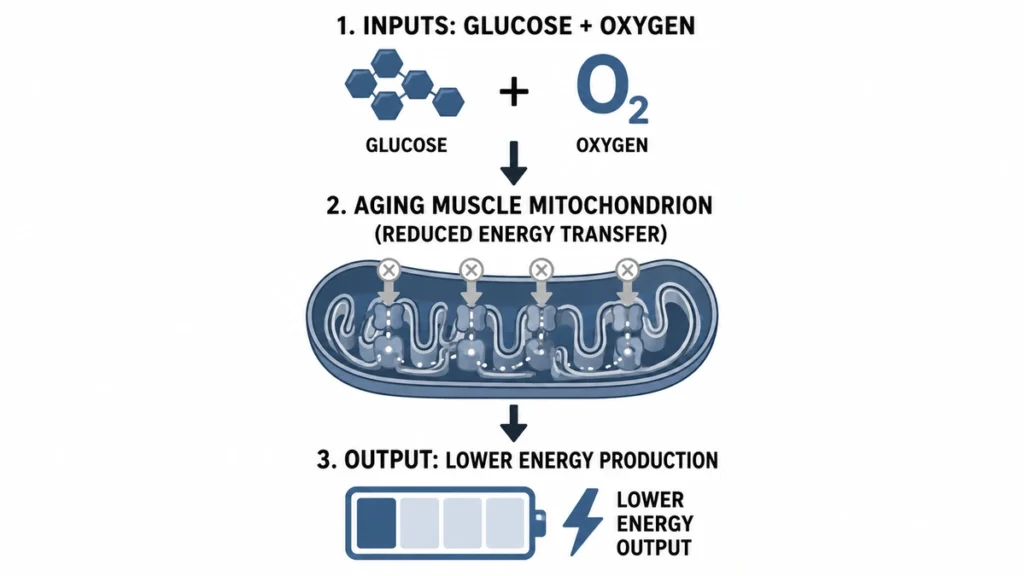 Vertical process flow diagram of age-related mitochondrial respiration demonstrating lower cellular energy production, with clean downward arrows mapping inputs to a low battery output.