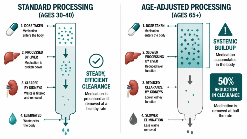 Split-screen comparison diagram of drug clearance rates demonstrating how an antidepressant over 50 builds up systemically due to a fifty percent reduction in elimination speed, with side-by-side vertical flow charts comparing younger adults to ages 65 and older.
