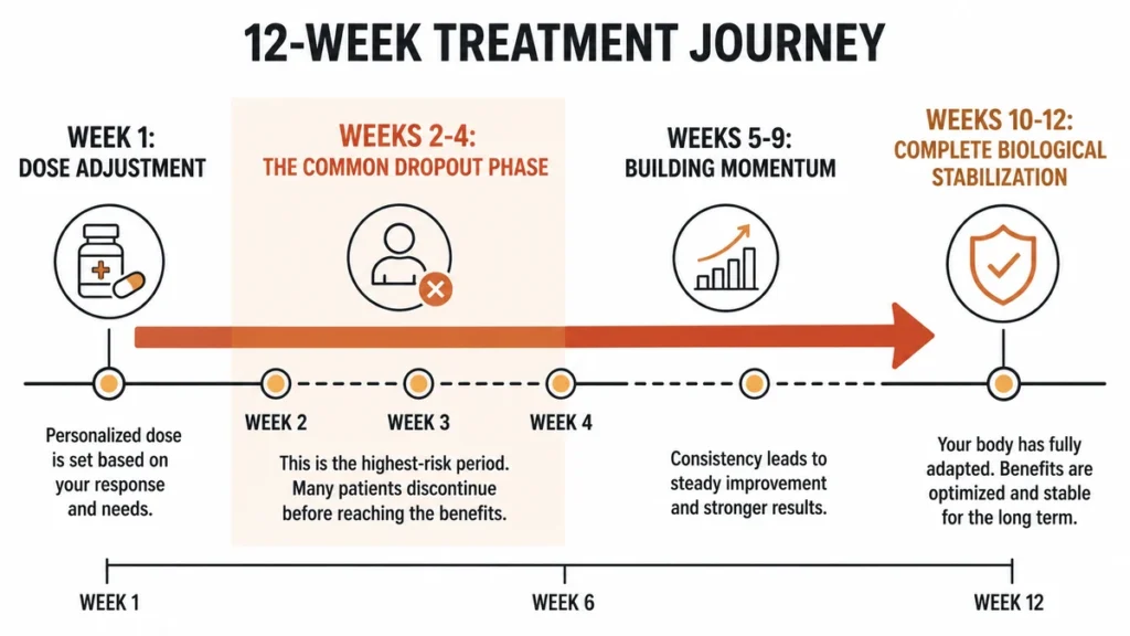 Horizontal timeline diagram of a 12-week treatment journey demonstrating how consistent dosing past the high-risk four-week dropout phase leads to clinical optimization, with a long terracotta arrow pointing toward biological stabilization.