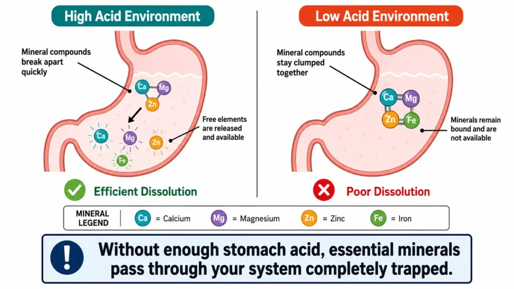 A two-state comparison diagram showing how high stomach acid effectively dissolves mineral compounds for optimal nutrient absorption after 50 compared to low stomach acid.