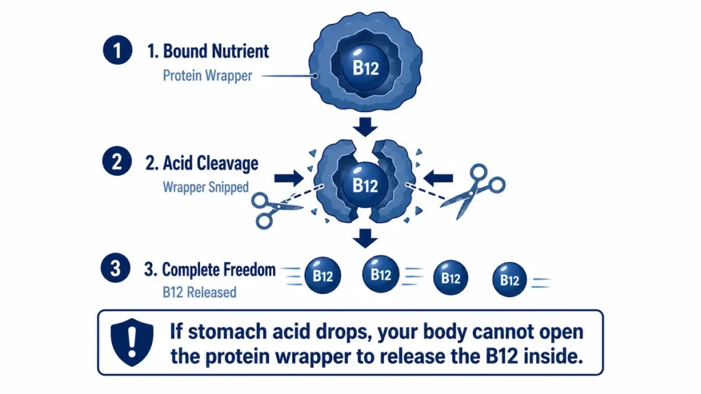 Three-step diagram showing how stomach acid breaks a protein wrapper to release B12 ā with a warning that low stomach acid blocks this process entirely.