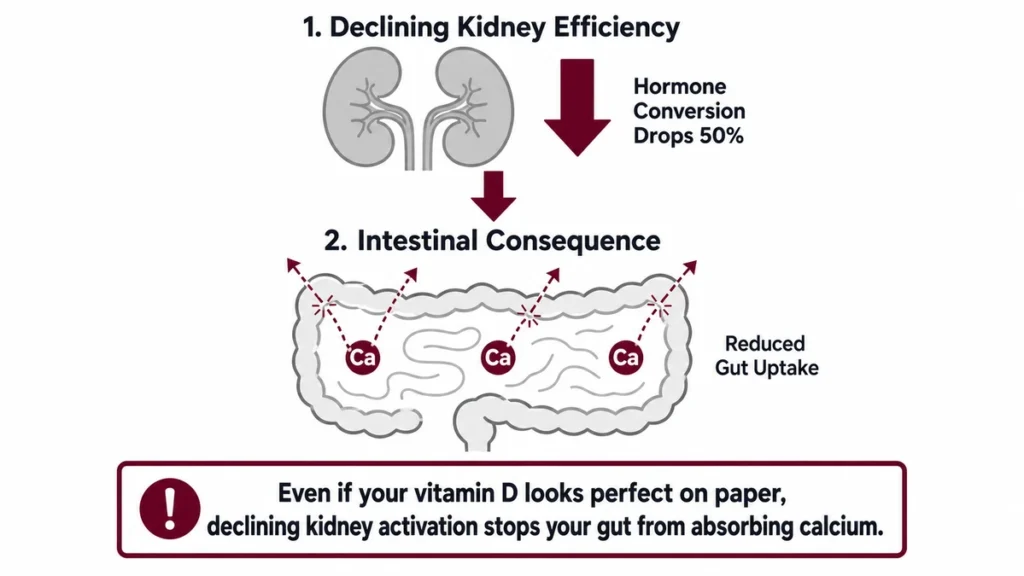 An organ pathway mechanism diagram showing how reduced kidney hormone conversion directly lowers calcium uptake in the gut.