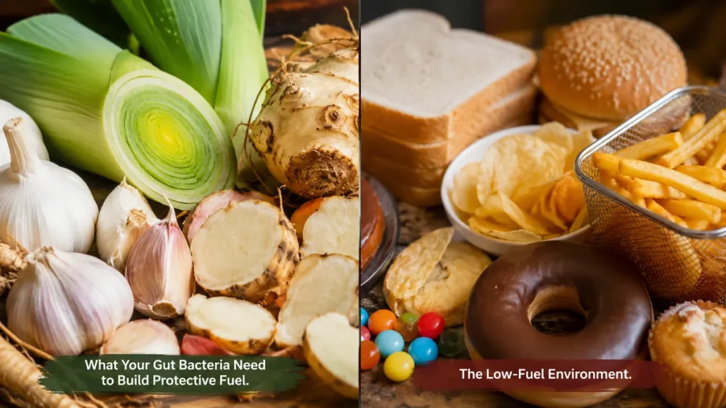 A split-panel food comparison image illustrating a healthy microbiome environment versus a low-fuel one. The left side features high-fiber prebiotic foods like leeks and garlic, labeled 'What Your Gut Bacteria Need to Build Protective Fuel.' The right side displays processed items like white bread and pastries, labeled 'The Low-Fuel Environment.