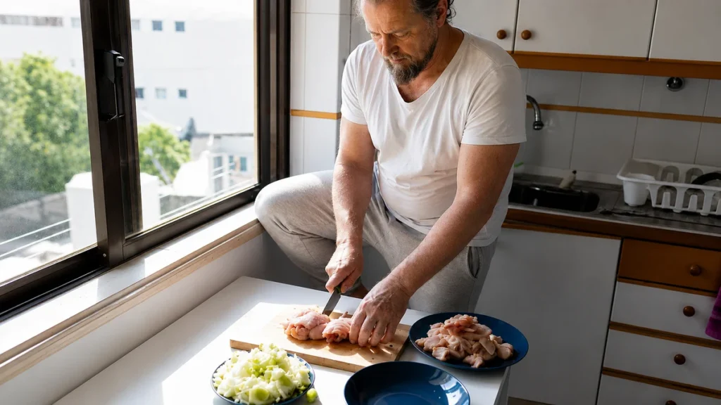 A man preparing a protein-dense meal by slicing chicken breast on a wooden cutting board in a brightly lit kitchen, focusing on meeting daily amino acid requirements for muscle maintenance.