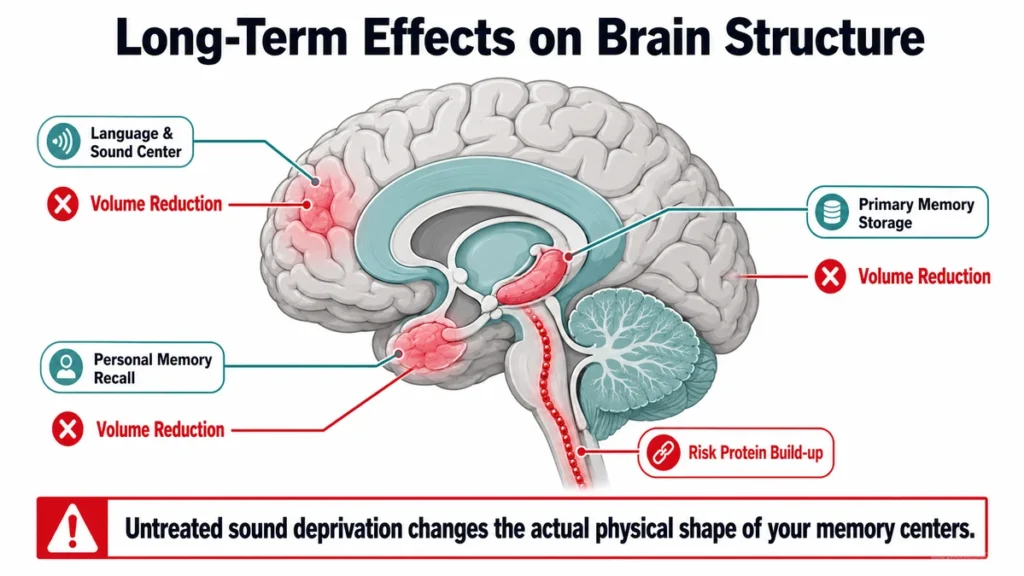 Anatomical diagram of the human brain highlighting volume loss in memory centers and risk protein build-up from unaddressed sound changes.