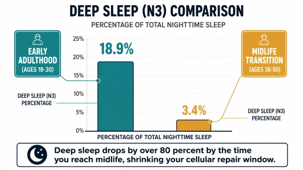 Data comparison chart of age-related sleep changes demonstrating a dramatic drop in deep sleep from early adulthood to midlife, with clear color-coded bars highlighting the corresponding reduction in growth hormone release.