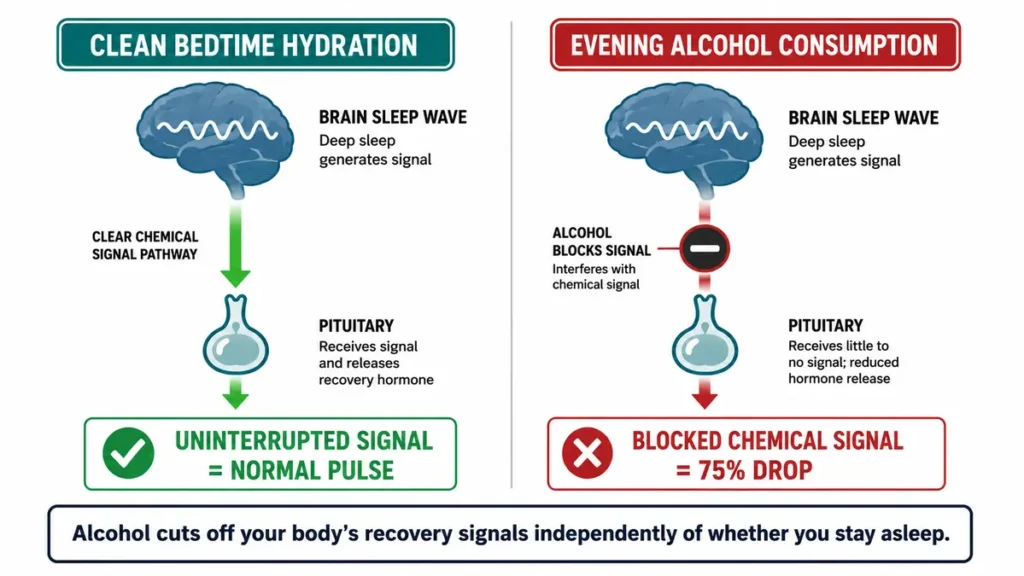 Mirrored two-state sleep diagram contrasting a normal chemical signal pathway against an alcohol-blocked pathway, highlighting a 75 percent drop in pituitary node reception.