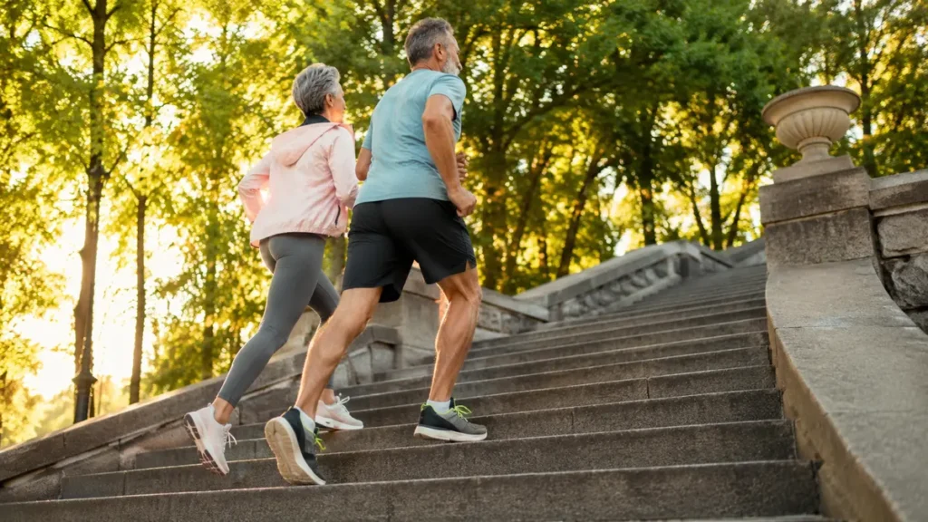 Active mature couple climbs a wide stone staircase in a sunlit park with long strides and fluid hip extension.