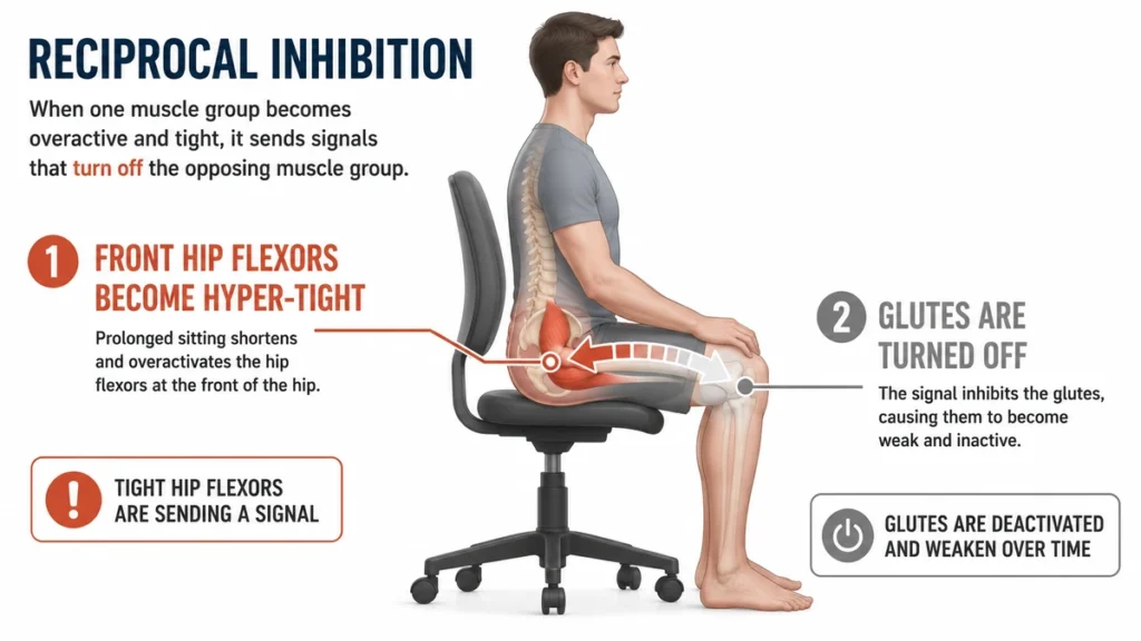 Anatomical infographic of reciprocal inhibition showing how tight front hip flexors deactivate glute muscles during sitting.